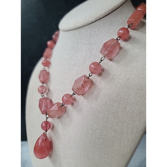 925 Sterling Silver Pink Glass Pendant Beaded Necklace Vintage - Picture 3 of 10